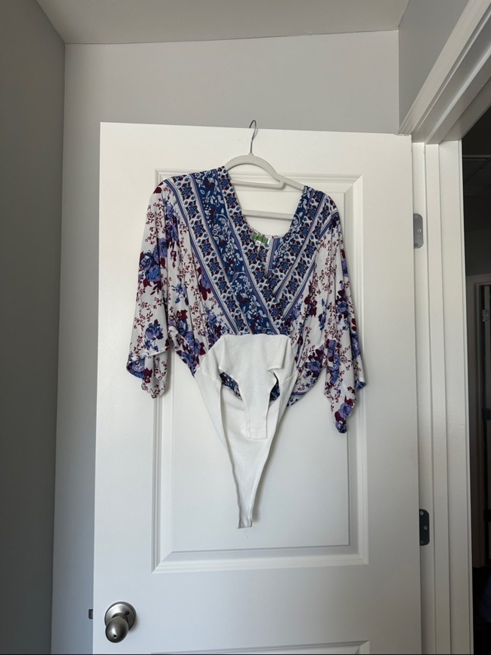 Floral Blue & White V-Neck Women’s Bodysuit Top